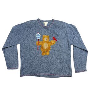 Christopher & Banks Sweaters Men's XL Gray Knit Teddy Bear Crew Thermal Pullover